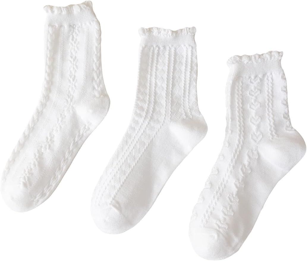 OYOANGLE Women's 3 Pairs Cable Knit Casual Crew Socks Stretchy Solid Simple Socks | Amazon (US)