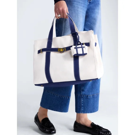 Free Assembly Women's Canvas Tote Handbag with Tote Charm, Natural with Navy | Walmart (US)