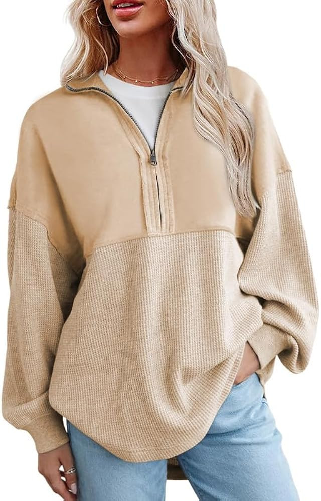 SHEWIN Womens Sweatshirt Casual Waffle Knit Half Zip Pullover Loose Long Sleeve Tops Fall Outfit ... | Amazon (US)