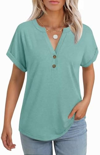 Womens Short Sleeve V Neck Henley Tops Dressy Casual Blouses Summer Trendy Vacation Tee Shirts 20... | Amazon (US)