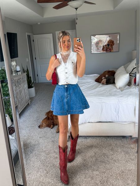 denim on denim cowgirl boots western outfit // size 4 in skirt + size xs in vest + size small in lace top 

#LTKstyletip #LTKFestival #LTKshoecrush