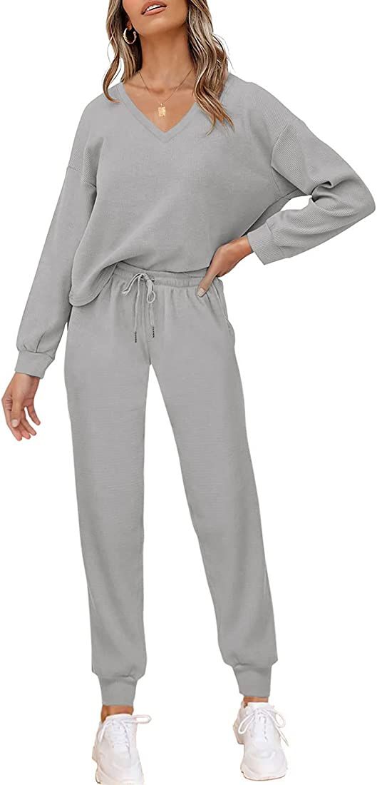 PIIRESO Women's V Neck Waffle Knit 2 Piece Outfits Long Sleeve Top and Pants Loungewear Jogger Se... | Amazon (US)