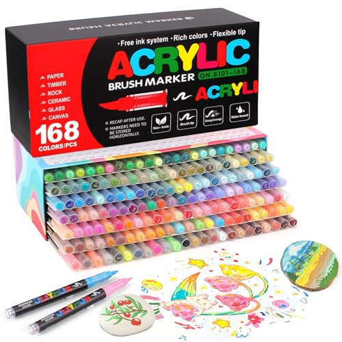 168 Colors Soft Brush Tip Acrylic Paint Markers Set, Pens for Rock, Wood, Fabric, Canvas, Glass, DIY Crafts, Waterproof Markers, Vibrant Acrylic Paint Pens for Artists and Art Projects | Amazon (US)