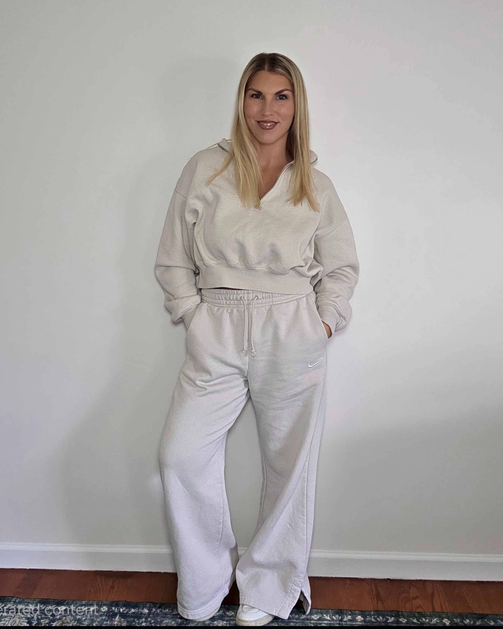 Neutral athleisure set and I have zero regrets. Wide leg sweatpants are genuinely one of the best things to happen to casual style in years — and when you pair them with a cropped half-zip hoodie in the same colorway it just works. Comfortable enough to actually live in, put-together enough that you don't feel like you gave up. This oatmeal tone goes with everything in my closet. Both pieces linked below. 

 #casualstyle #athleisureover40 #widelegsweatpants #Nikesweats #neutraloutfit #styleover40 #comfyoutfit #casualootd #over40fashion #LTKover40 #everydaystyle #halfziphoodie #LTKootd #LTKOver40 #LTKTravel