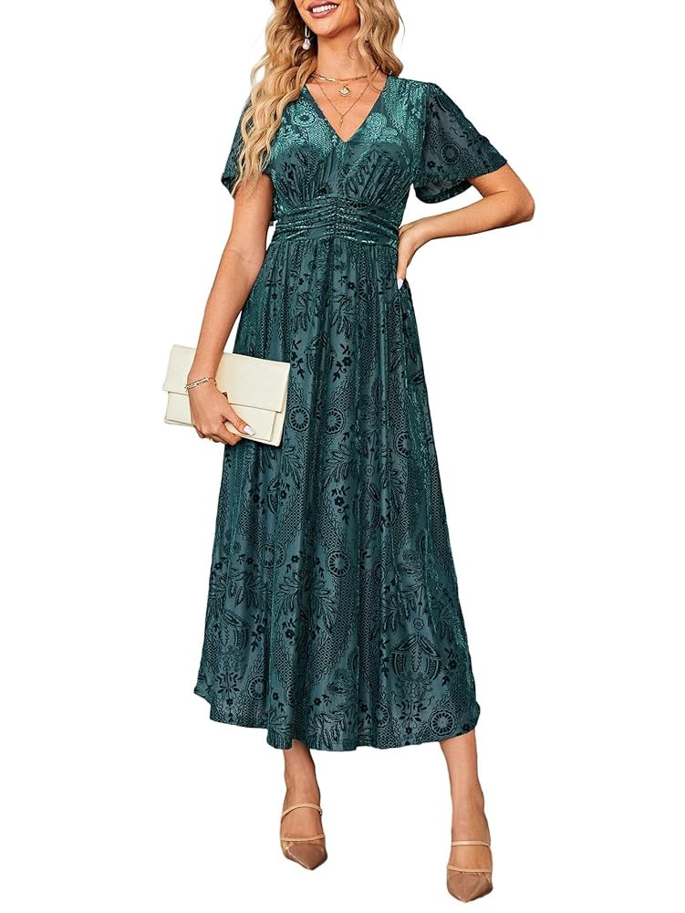 Simplee Women’s V Neck Velvet Maxi Dress Short Sleeve Empire Waist Long Formal Dress for Weddin... | Amazon (US)