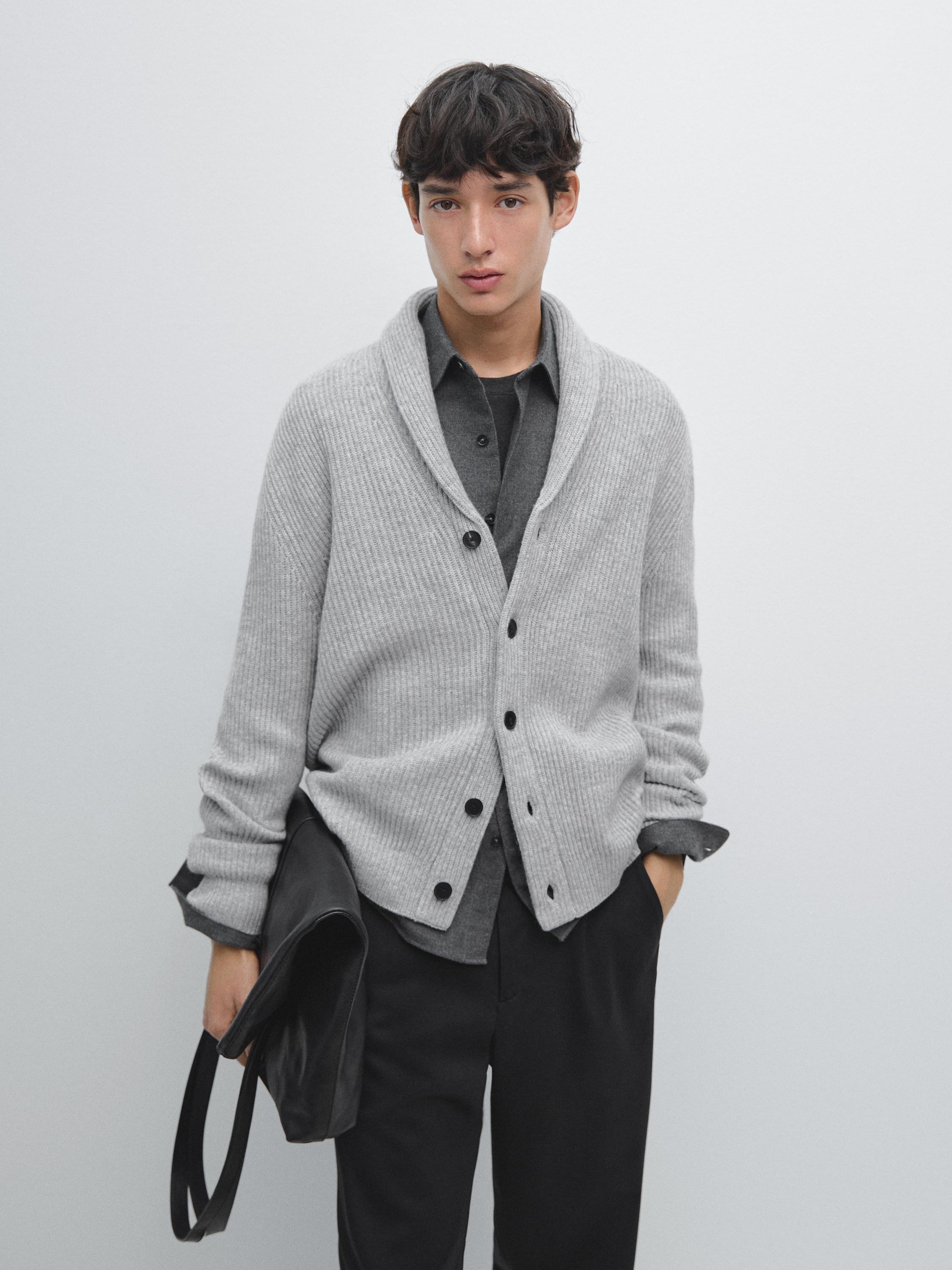 Knit wool blend cardigan with collar | Massimo Dutti US