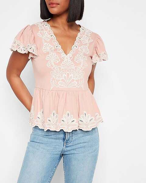 Embroidered V-Neck Peplum Top | Express