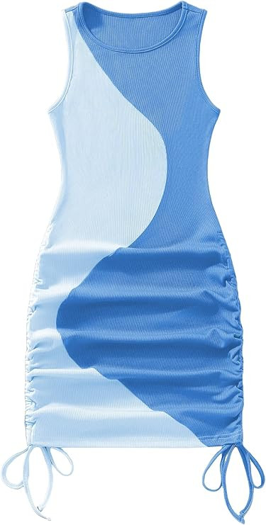 Verdusa Women's Color Block Drawstring Ruched Ribbed Mini Tank Bodycon Dress | Amazon (US)
