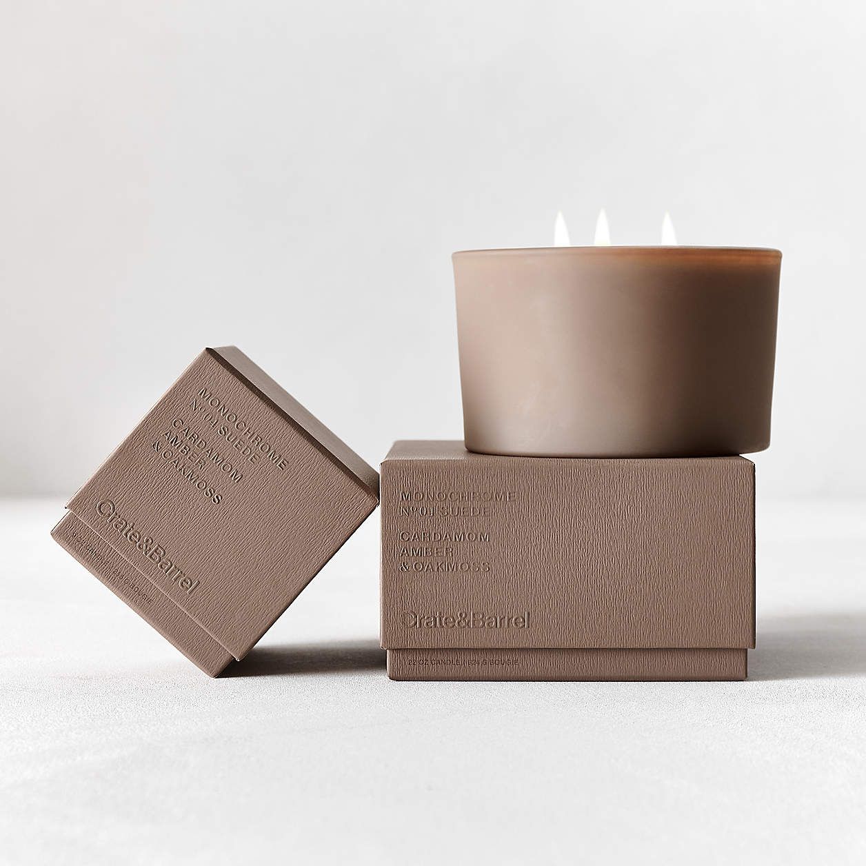 Monochrome No. 4 Suede 3-Wick Scented Candle - Cardamom, Amber and Oakmoss + Reviews | Crate & Ba... | Crate & Barrel