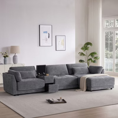 124-Inch L-Shaped Sectional Sofa with Multi-Functional Console, Wired and Wireless Charger, Movable Ottoman, and Extra-Wide Seat | Target