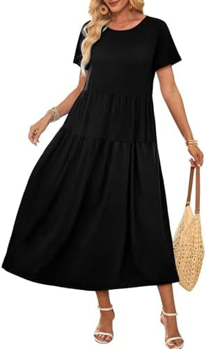 OFEEFAN Maxi Dress Casual Dresses for Women Crew Neck Short Sleeve Tiered Dress with Pockets | Amazon (US)
