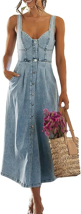 ebossy Stretchy Smocked Denim Dress for Women Sleeveless Babydoll Button Down Midi Long Jean Dres... | Amazon (US)
