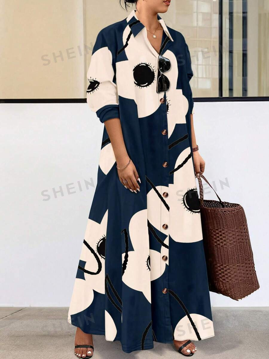 SHEIN LUNE Plus Size Front Button Long Sleeve All-Over Print Casual Dress, Random Print | SHEIN