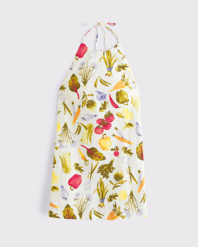 Abercrombie & Fitch Women's Open-Back Halter Linen-Blend Mini Dress in Cream Print - Size XXS PETITE | Abercrombie & Fitch (US)