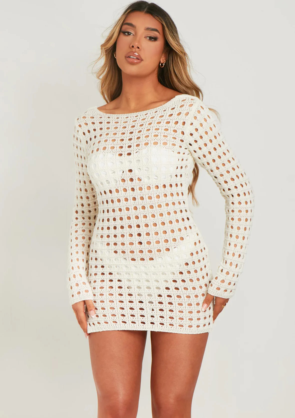 Valerie Ivory Low Back Crochet Beach Dress Cover Up | Missy Empire (UK)
