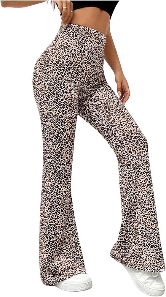 Floerns Women's Leopard Print High Waist Trousers Vintage Knitted Flare Leg Pants | Amazon (US)