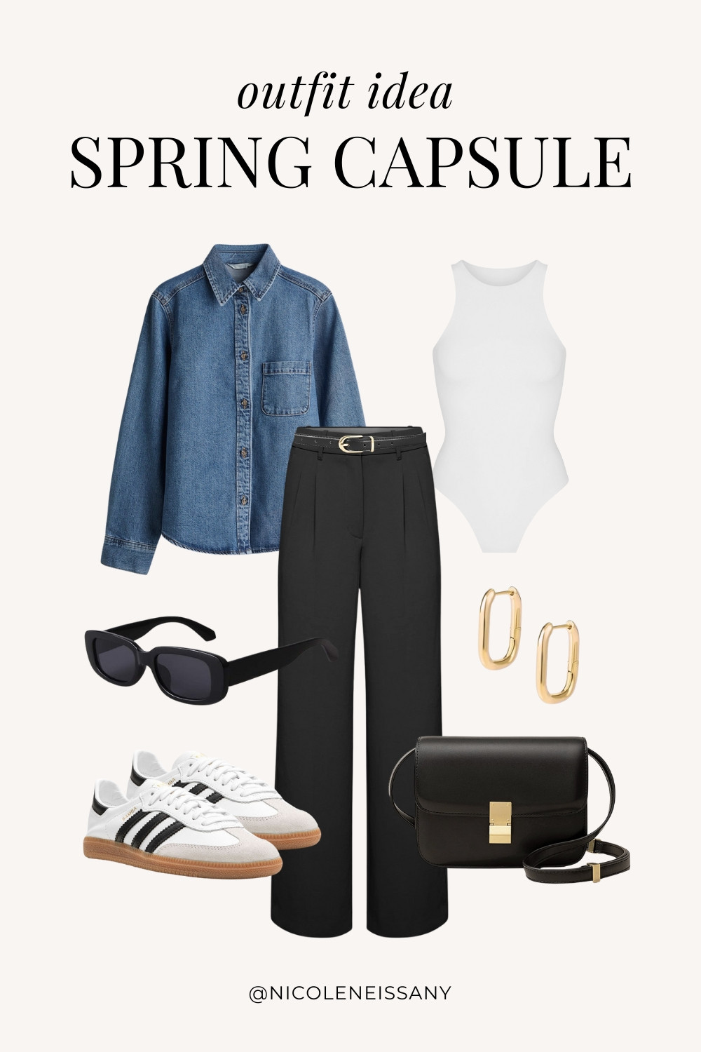 Spring outfit idea featuring my 2025 Spring Capsule Wardrobe staples | casual spring outfit, spring brunch outfit, spring date night outfit, spring date outfit, elevated casual spring outfit, spring work outfit, spring office outfit, casual spring outfit idea, spring outfits, spring shoes, 2025 spring trends, 2025 spring fashion trends, neutral capsule wardrobe, minimalist capsule wardrobe | denim shirt, denim jacket, spring jacket, spring outerwear, sleeveless bodysuit, tailored pants, adidas samba sneakers, adidas samba decon sneakers, sneaker trends, spring sneakers, spring shoe trends, gold square hoop earrings

#LTKSpring #LTKPetite #LTKTravel #LTKSaleAlert #LTKShoeCrush #LTKWorkwear #LTKFindsUnder100 #LTKStyleTip #LTKFindsUnder50 #LTKSeasonal