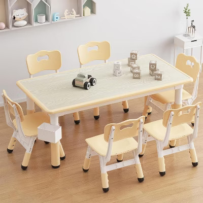Kids Table and 6 Chair Set with Storage Box, Height Adjustable Toddler Table and Chairs Set for Ages 2-10, for Daycare, Classroom, Home, Beige | Target