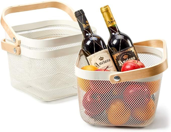 EZOWare 3packs Mesh Steel Baskets with Wood Handle Ideal for Kitchen Bathroom Pantry Storage Orga... | Amazon (US)