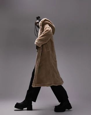 Topshop hooded borg coat in camel | ASOS (Global)