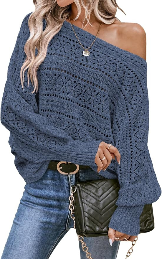 EVALESS Womens Crochet Boat Neck Long Batwing Sleeve Loose Sweaters       
    
    
  ➕ Add to... | Amazon (US)