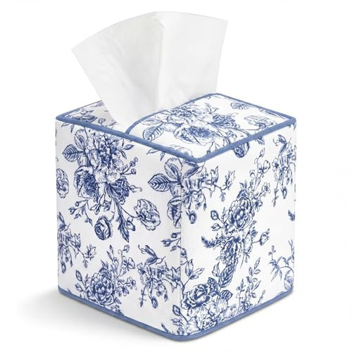Loyim Blue Floral Print Tissue Box Cover Handmade Cotton Decorative Tissue Box Chinoiserie Square Roses Napkin Holder for Home Bedroom Bathroom Vanity Countertop Night Stand Office Kitchen | Amazon (US)