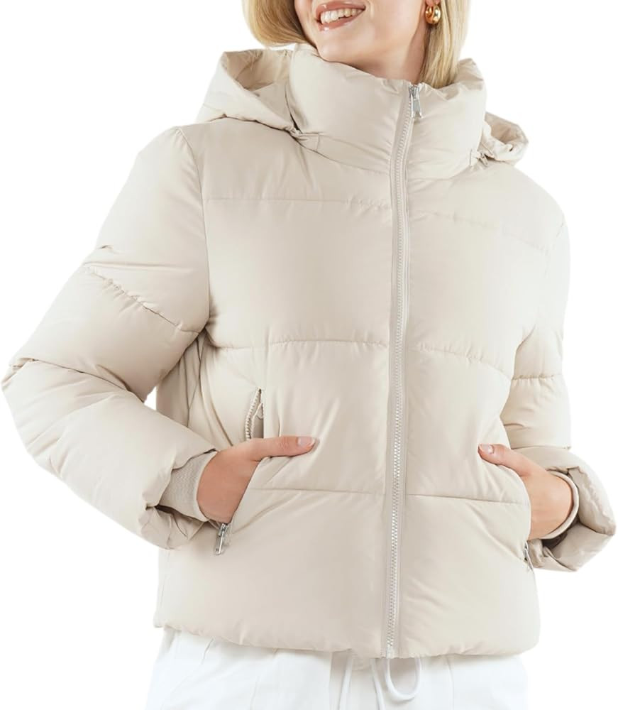 Women's Cropped Puffer Jackets,Warm Winter Jacket with Removable Hood,Zipped Pockets,Short Ladies... | Amazon (US)