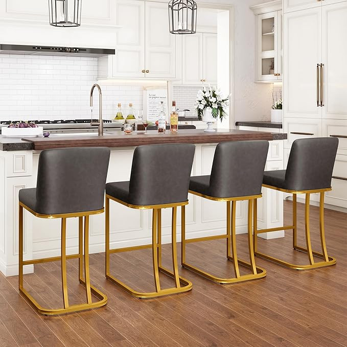 Amazon.com: PHI VILLA Grey and Gold Bar Stools Set of 4, Faux Leather Counter Height Chairs, Kitc... | Amazon (US)