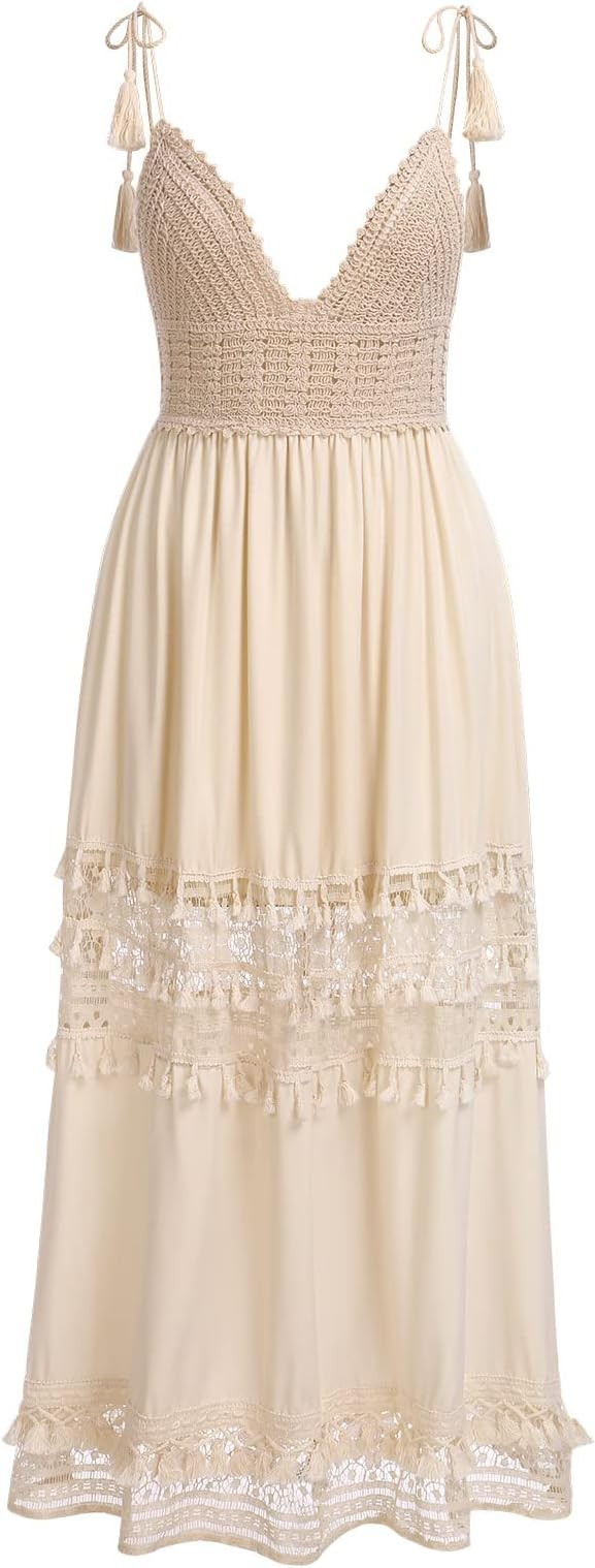 ABOCIW Women's Boho Maxi Dress Lace Up Tassel V-Neck Flare Ruffle Fringed Beach Summer Dresses | Amazon (US)