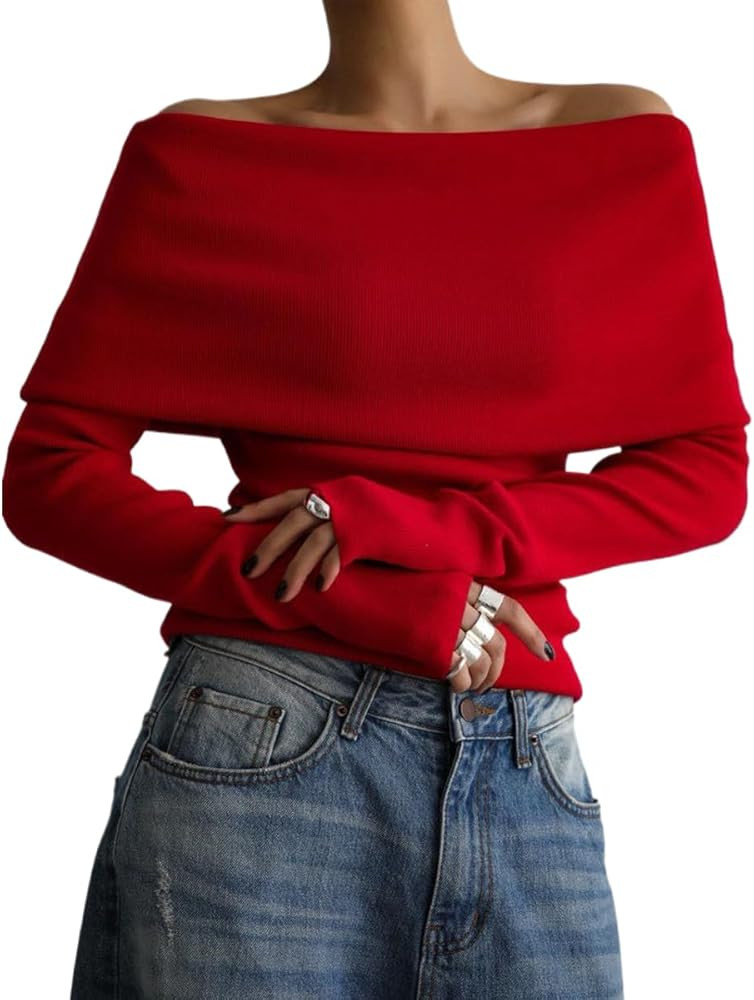 Women's 2024 Fall Long Sleeved Off The Shoulder Knit Sweater Winter Date Night Clothing | Amazon (US)