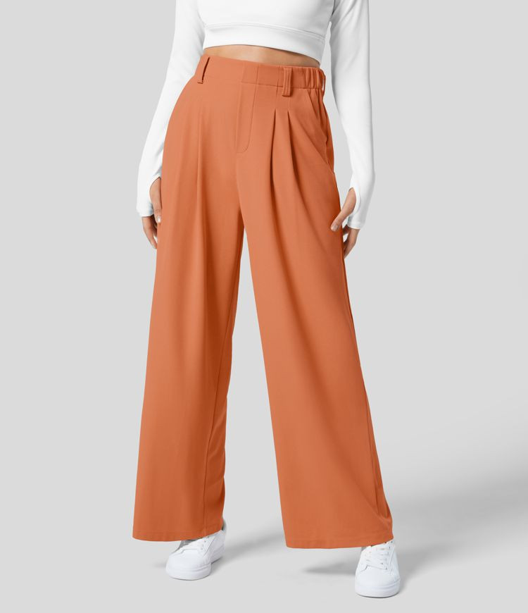 High Waisted Plicated Side Pocket Wide Leg Waffle Casual Pants | HALARA
