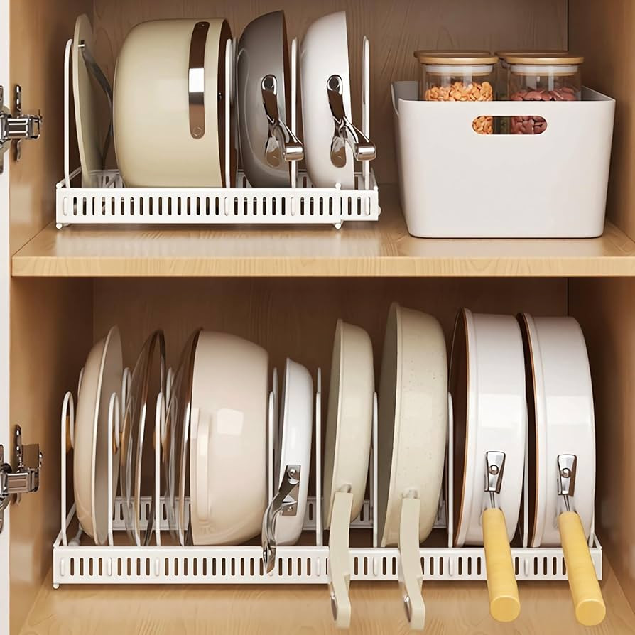 Expandable Pans Organiser Rack, Pan Lid Storage with 10 Adjustable Dividers, Pot Lid Holder, Kitc... | Amazon (UK)