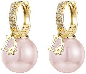 BVLVO Hoop Earrings 14K Gold Plated Cubic Zirconia Sparkle Pearl Dangle Earrings for Women Drop E... | Amazon (US)