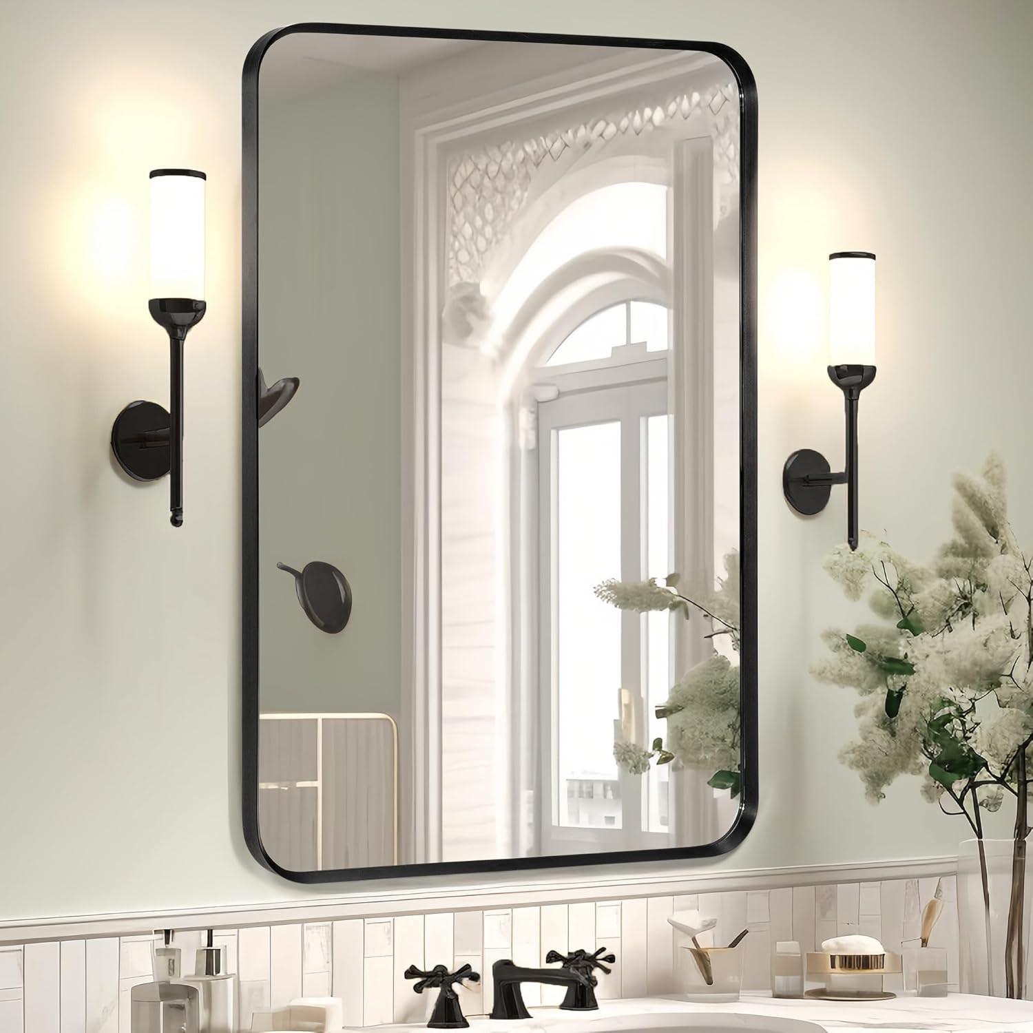 Wall Mount Mirror for Bathroom, Brushed Black Metal Framed Rounded Corner Rectangular Vanity Mirr... | Amazon (US)