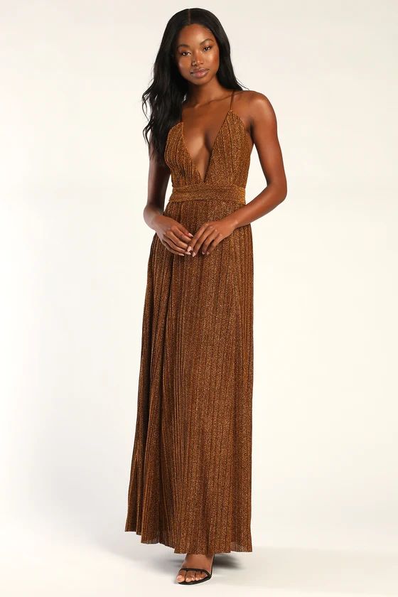 Magical Looks Gold Sparkly Pleated Maxi Dress | Lulus (US)