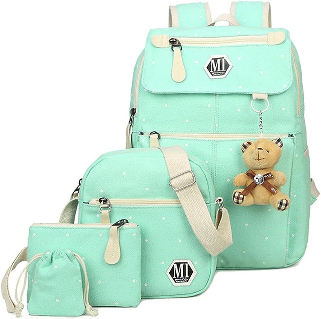 Teen Girl Polka Dot Canvas Backpack Set Childs School Bag with Bear Plush Pendant for Girls Middl... | Amazon (CA)