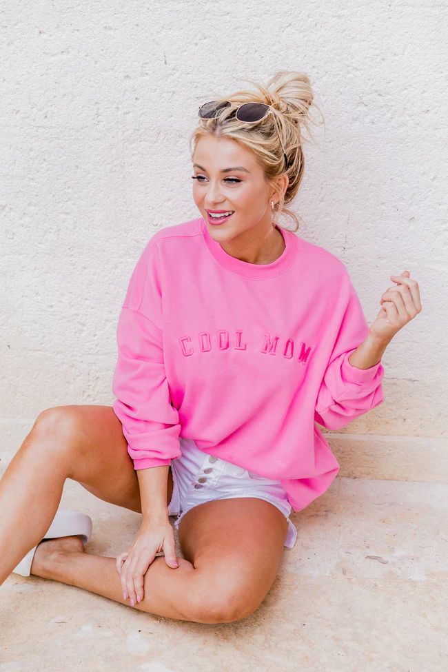 Cool Mom Embroidery Pink Oversized Graphic Sweatshirt | Pink Lily