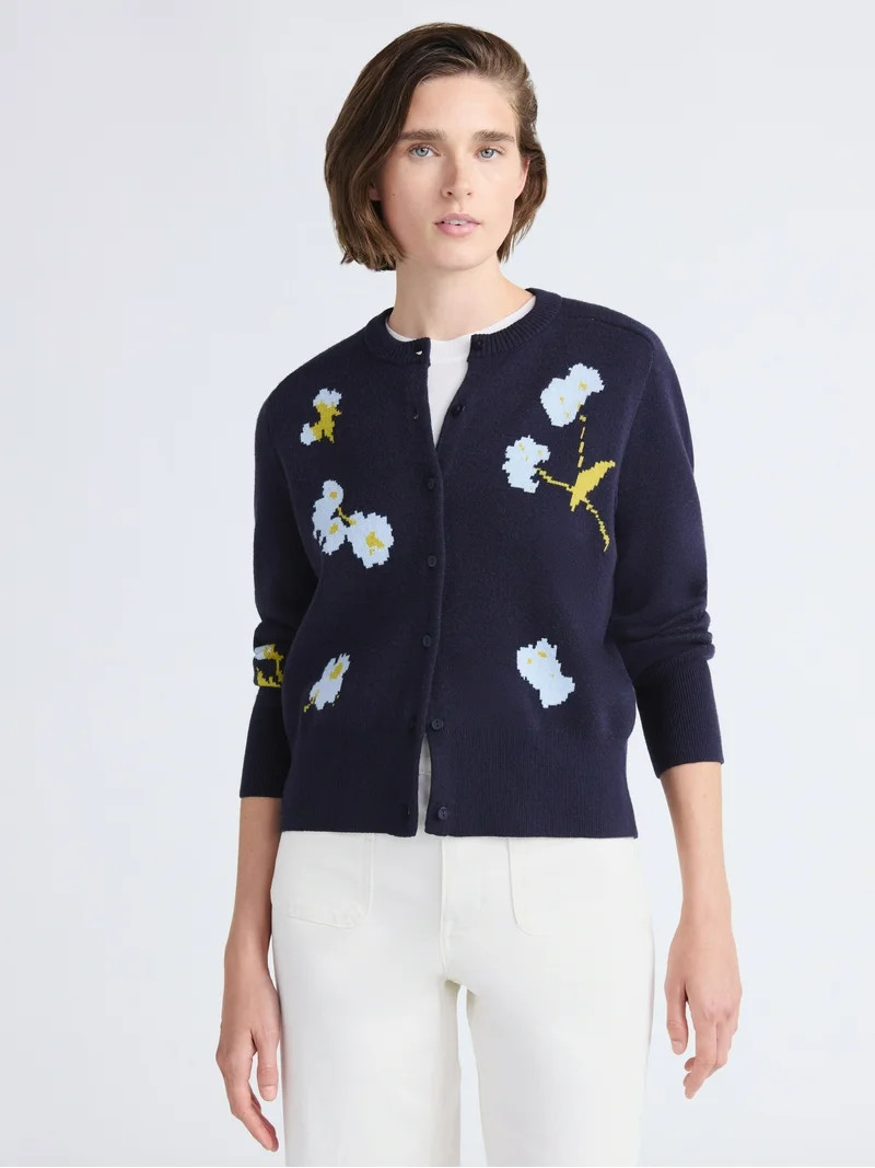 Free Assembly Women's and Women's Plus Floral Jacquard Shrunken Cardigan Sweater, Midweight, Size... | Walmart (US)