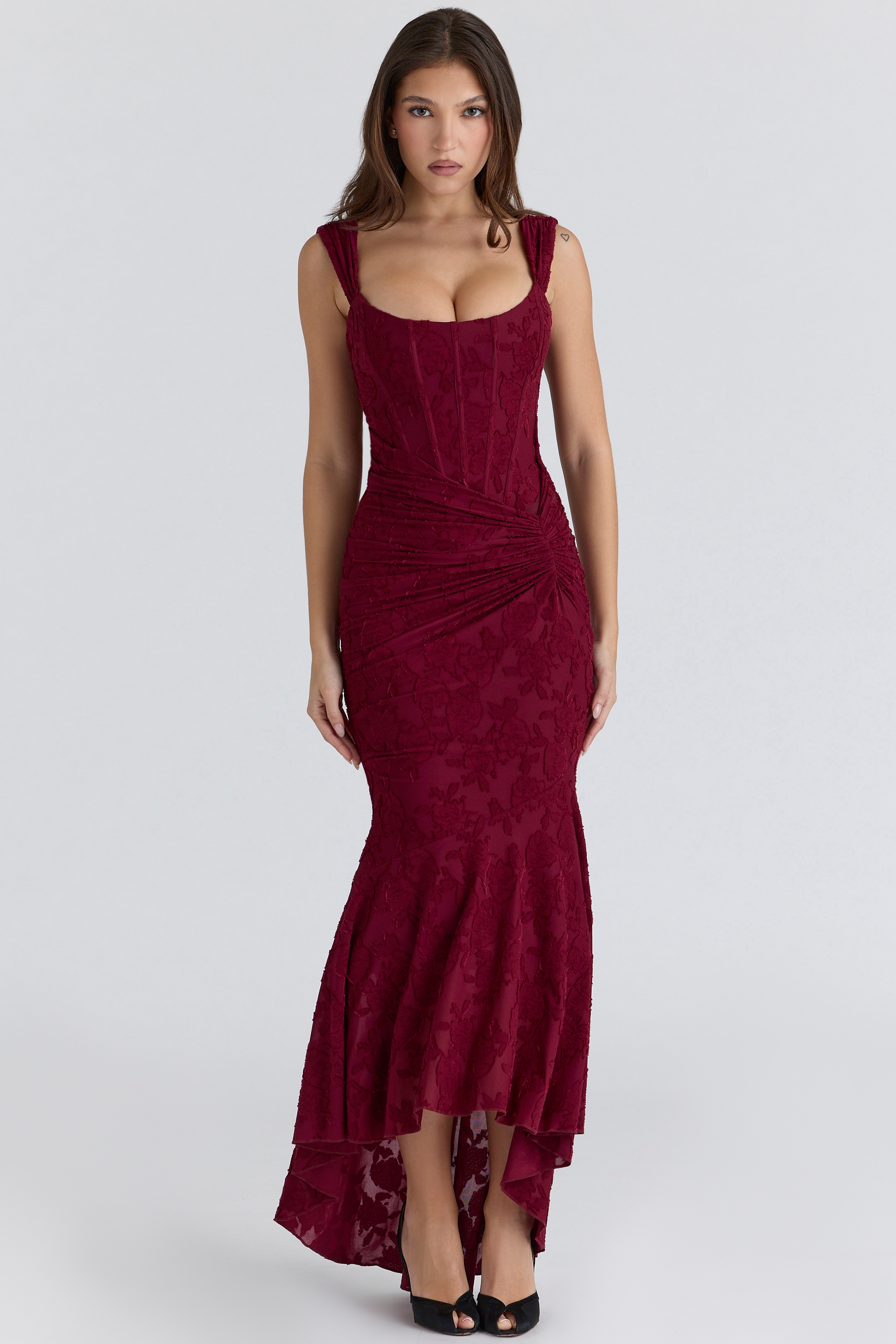 wine floral lace corset maxi dress | House of CB