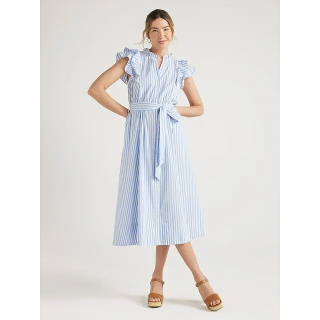 Free Assembly Women's Cotton Ruffle Neck Maxi Shirtdress, Sizes XS-XXL | Walmart (US)