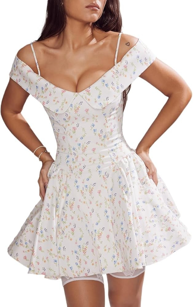 Women's Floral Print Sweetheart Neckline Midi Dress, White with Colorful Floral Pattern | Amazon (US)