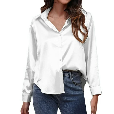 Outfmvch Long Sleeve Shirts for Women White Long Sleeve Shirts for Women Womens Tops Business Casual Tops for Women Polyester Satin Shirt Silk Long Sleeved Shirt White M | Walmart (US)