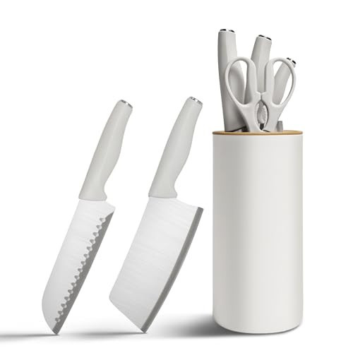 Kitchen Knife Set with Block, 5-Piece Stainless Steel Knives Set, Chef Knife, Paring Knife, Kitchen Scissors, Plastic Universal Knife Holder for Home, Apartment, New Kitchen Essentials, Beige White | Amazon (US)