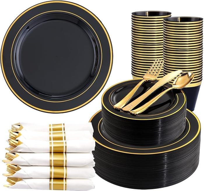 350 Pieces Black and Gold Plastic Plates with Disposable Silverware, Include 50 Dinner Plates 9... | Amazon (US)
