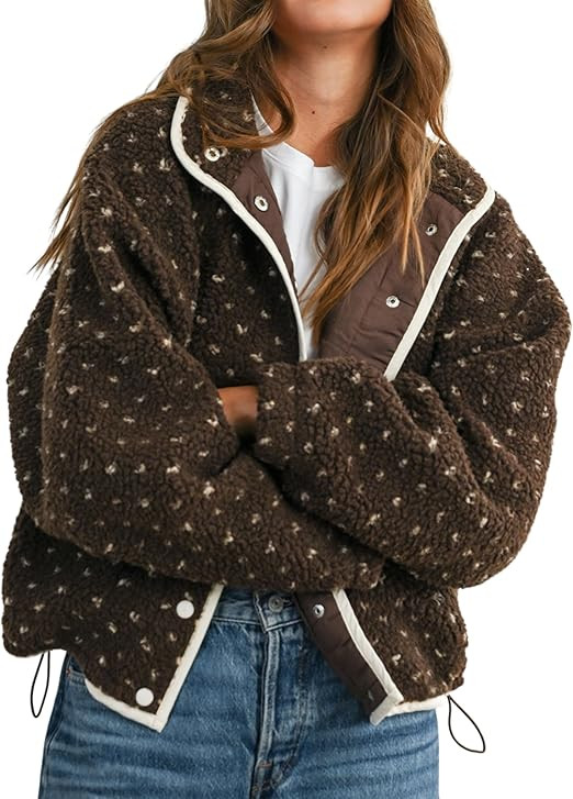 Women's Fleece Jacket Button Down Lapel Collar Sherpa Jackets Long Sleeve Contrast Quilted Outerw... | Amazon (US)