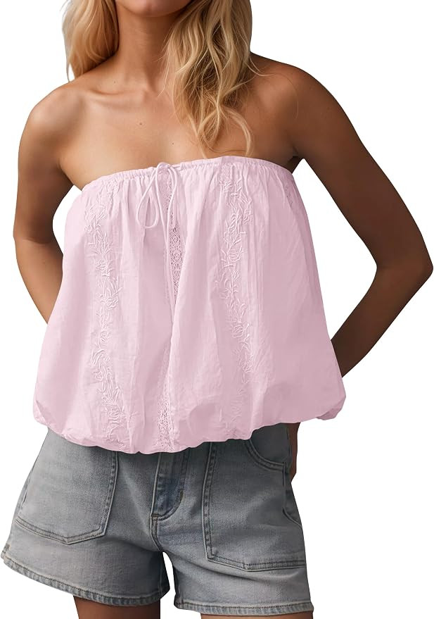 Women Lace Embroidered Drawstring Tie Bust Bubble Tube Top Sleeveless Backless Strapless Solid Pu... | Amazon (US)