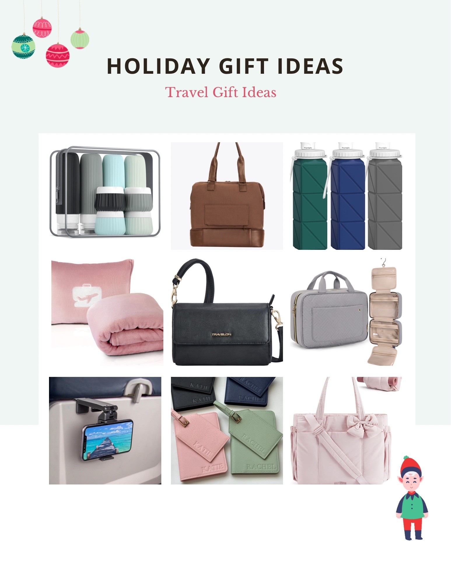 Gift guide for the travel lovers! Travel essentials like collapsible water bottles, travel blanket, personalized passport holder, carry on bag, and TSA approved toiletry bottles! 

#LTKHoliday #LTKCyberWeek #LTKGiftGuide