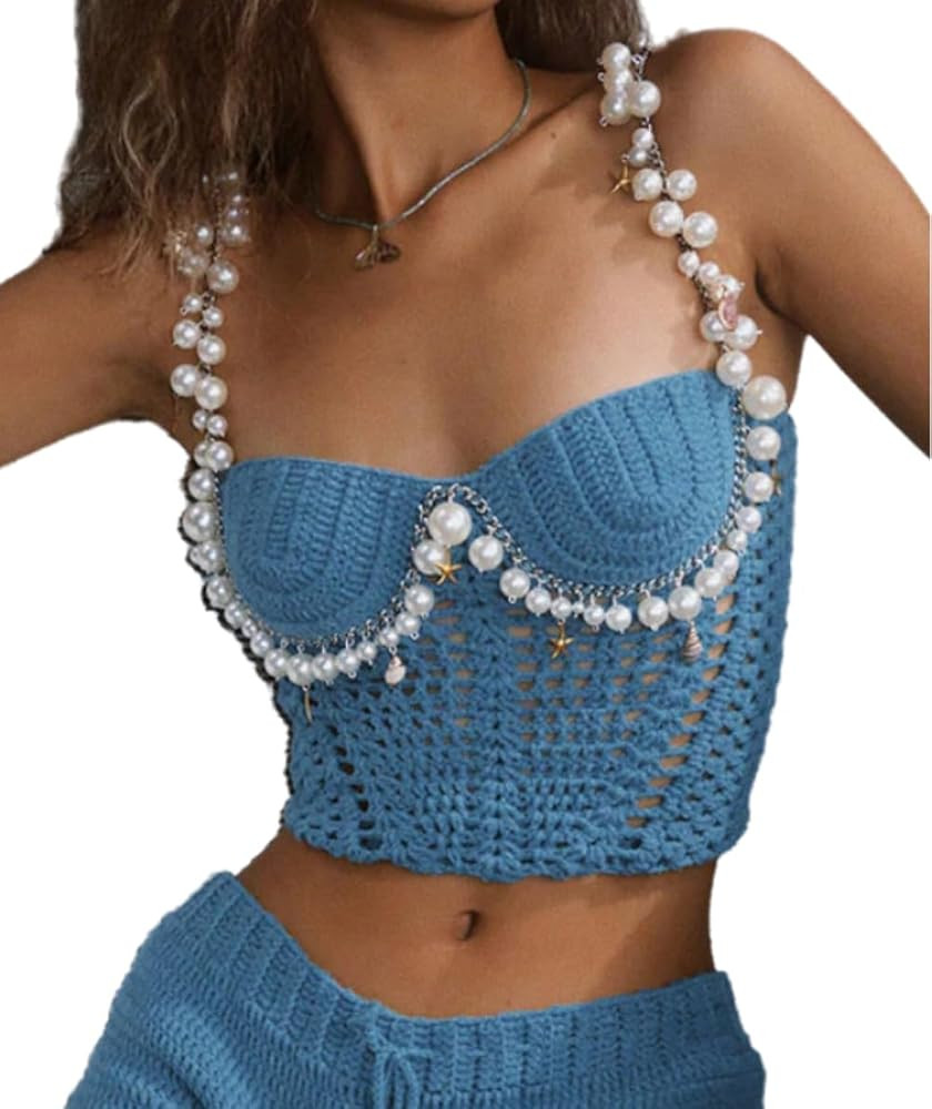 Women's Sexy Pearl Crochet Crop Tops Hollow Out Strapless Cami Summer Beach Halter | Amazon (US)