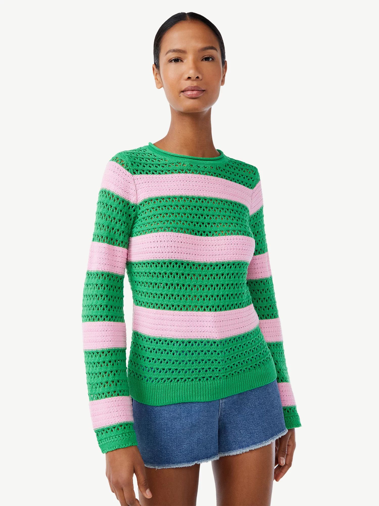 Scoop Women's Striped Crochet Sweater | Walmart (US)