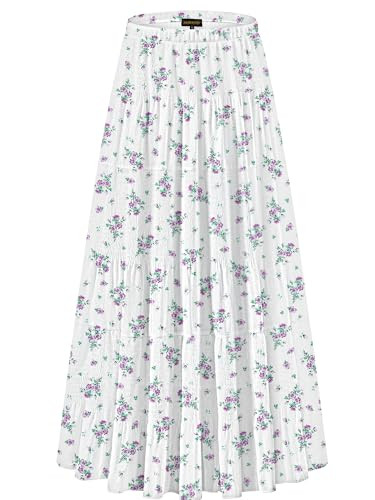 NASHALYLY Women's Chiffon Elastic High Waist Pleated A-Line Flared Maxi Skirts(White Purple Flower,M) | Amazon (US)